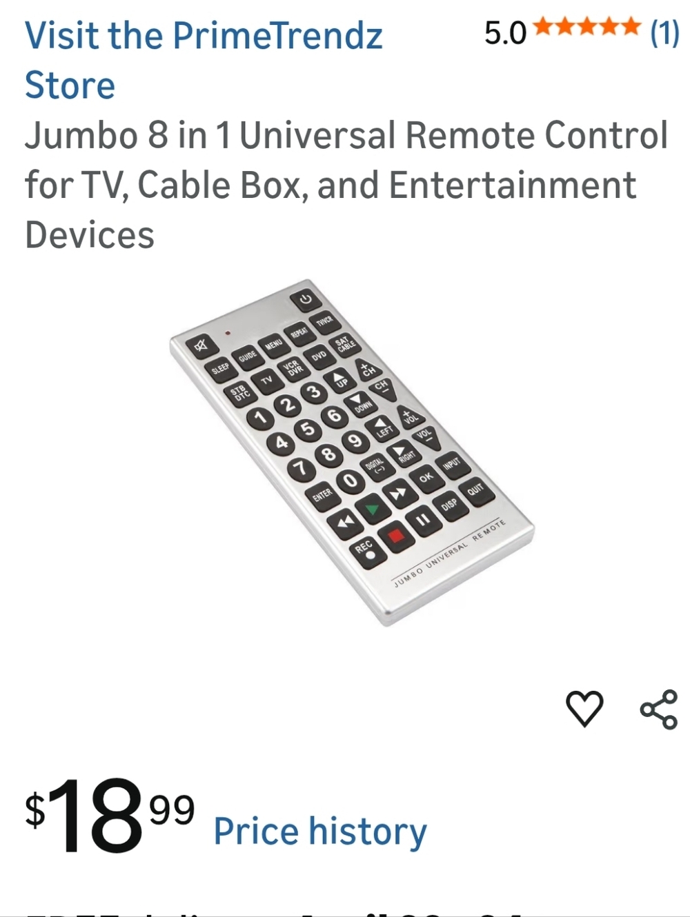 Jumbo 8-in-1 Universal Remote - Silver and Black - Picture 2 of 3